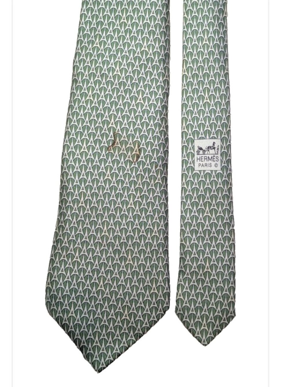 HERMES Sage Green Eiffel Tower Geometric Men's Silk Tie #5265 SA 3.75" x 62.25"